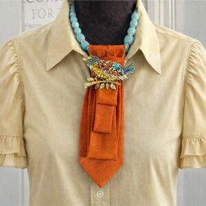 One-Of-A-Kind Necktie Necklace Large Jeweled Bird Brooch & Teal Beaded Necklace